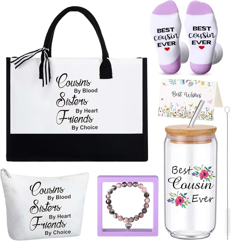 7 Pack Christmas Cousin Gift Set with Tote, Cup, Socks, Bracelet, and Card