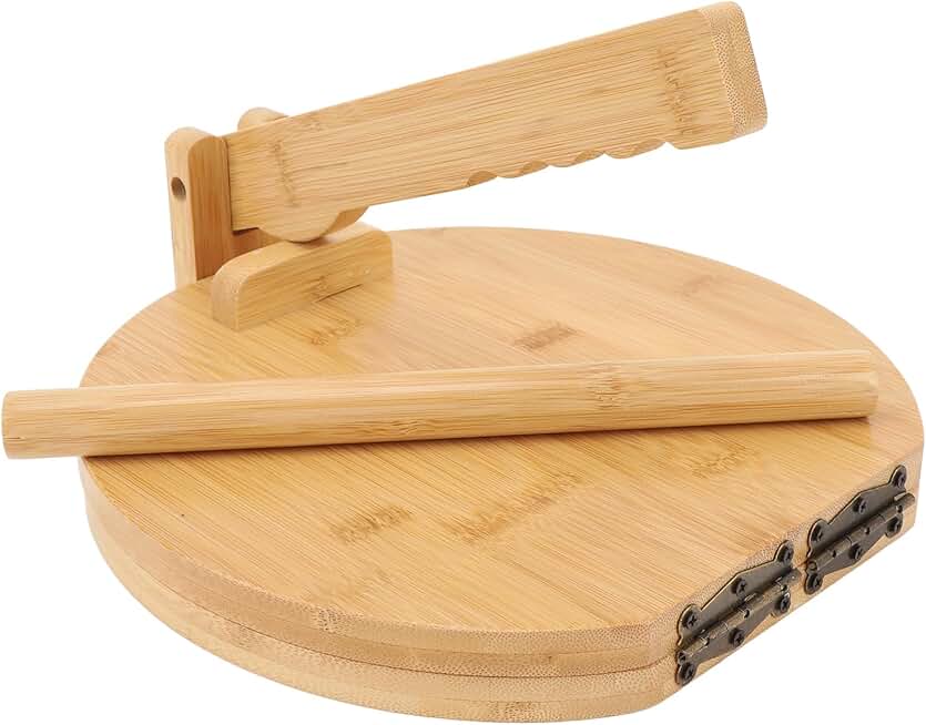 10-inch wood tortilla press with parchment paper and rolling pin