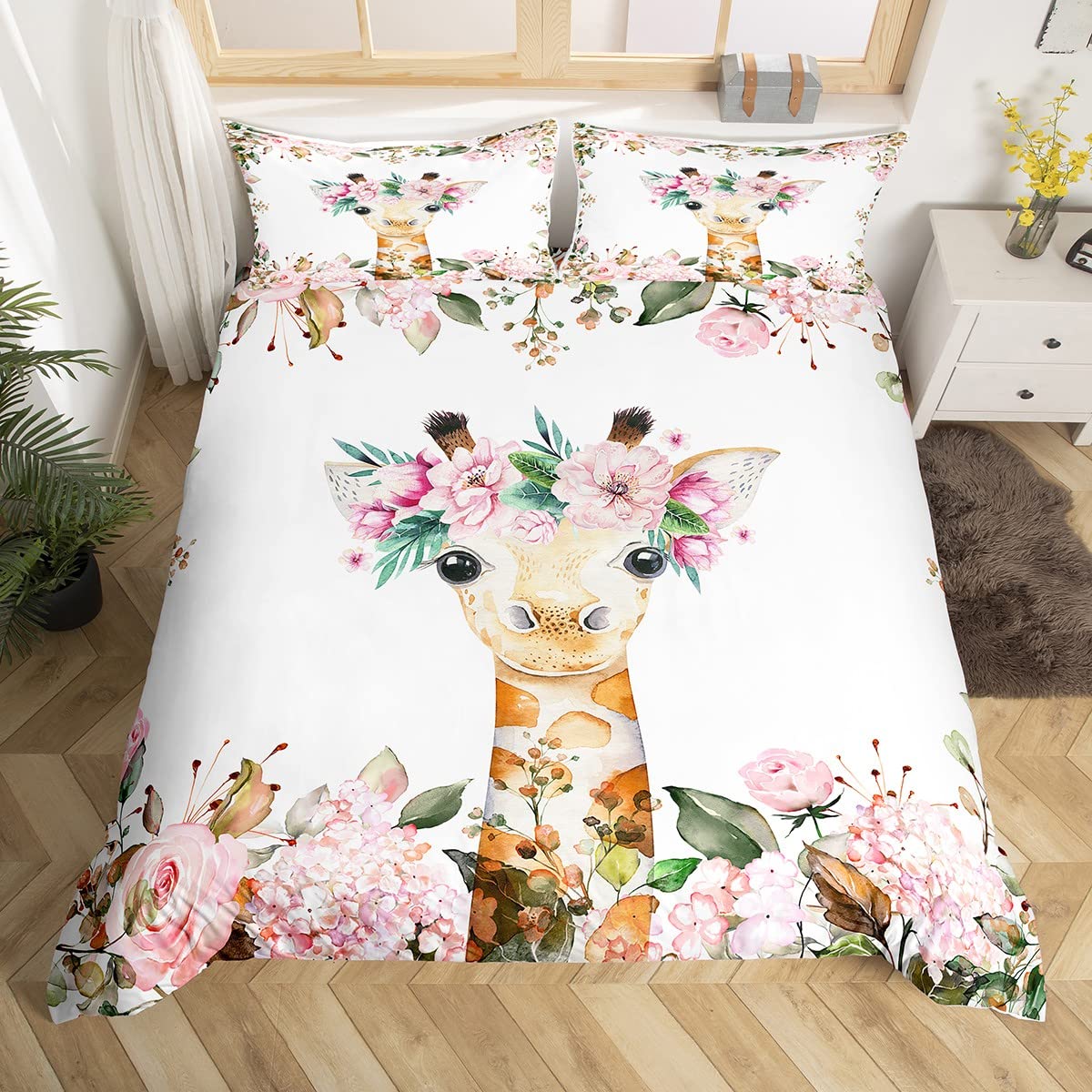 Cute Giraffe Bedding Sets Pink Rose Duvet Cover Queen Size Girls Kids,Cartoon Animal Comforter Cover Floral Flower Quilt Cover,Wildlife Giraffe Bedspread Cover Botanical Room Decor