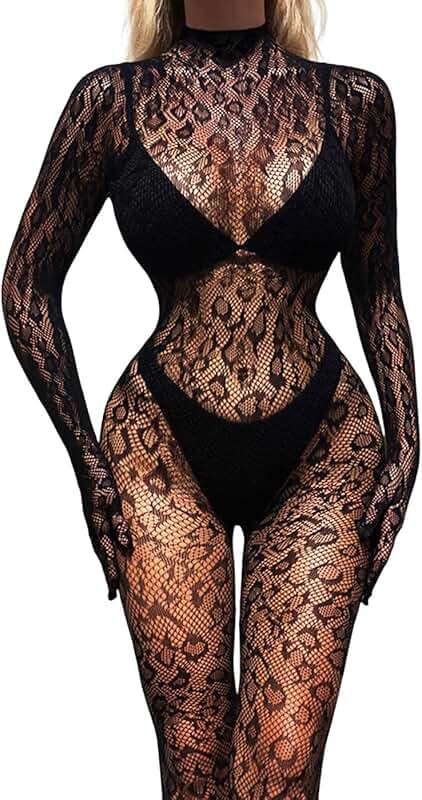 Black Leopard Mesh Jumpsuit with Long Sleeves