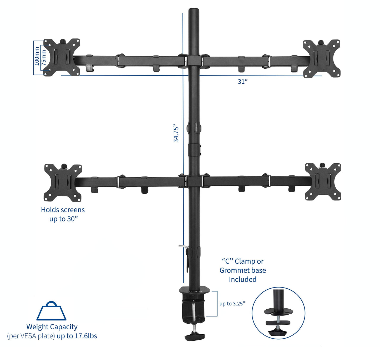 Quad 13 to 30 inch LCD Monitor Desk Mount, Fully Adjustable Stand with Tilt and Swivel, Holds 4 Screens with Max VESA 100x100, STAND-V004