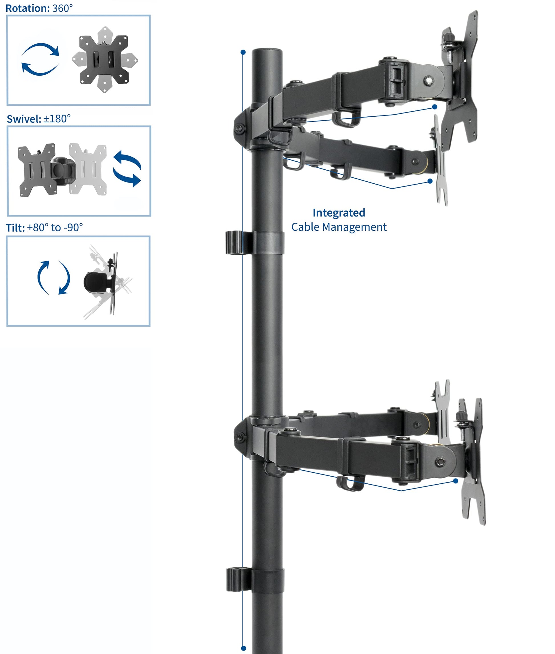 Quad 13 to 30 inch LCD Monitor Desk Mount, Fully Adjustable Stand with Tilt and Swivel, Holds 4 Screens with Max VESA 100x100, STAND-V004