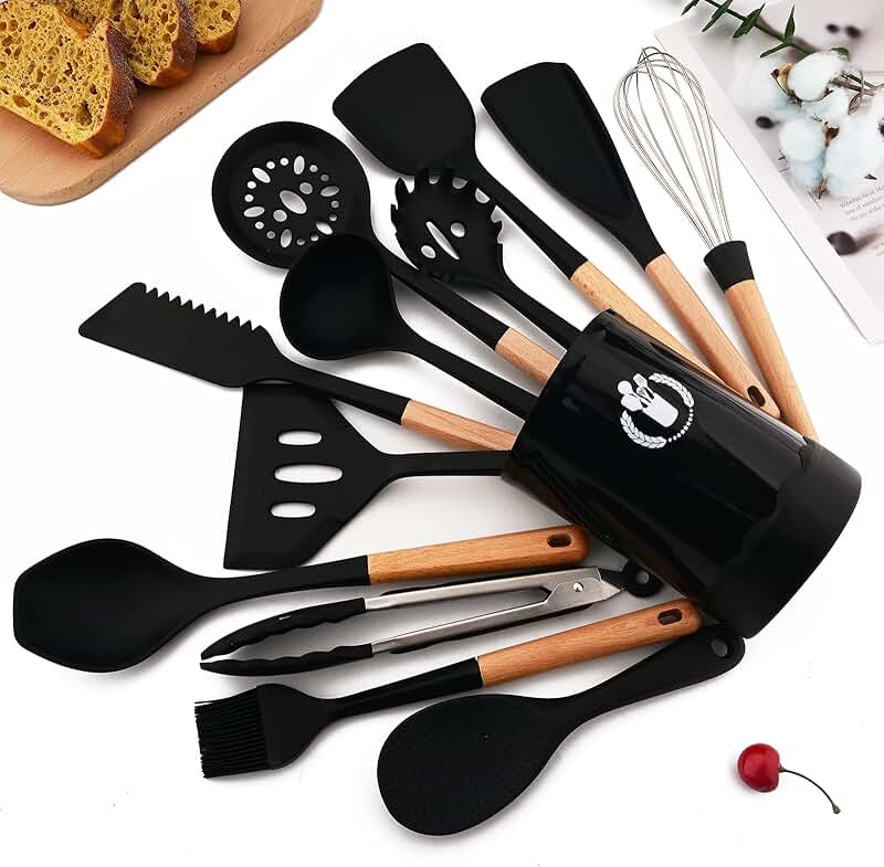 13-Piece Black Silicone Cooking Utensil Set with Wooden Handles