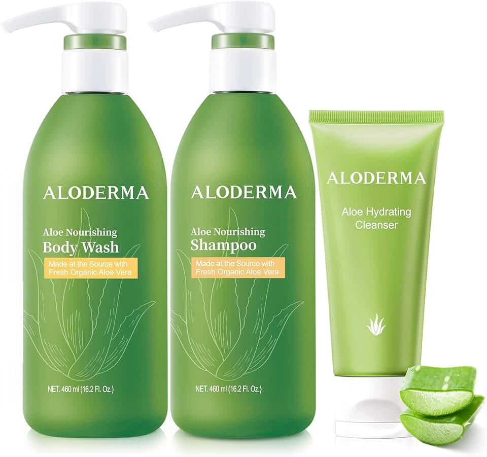Aloe Shower Set with Body Wash, Shampoo, and Facial Cleanser