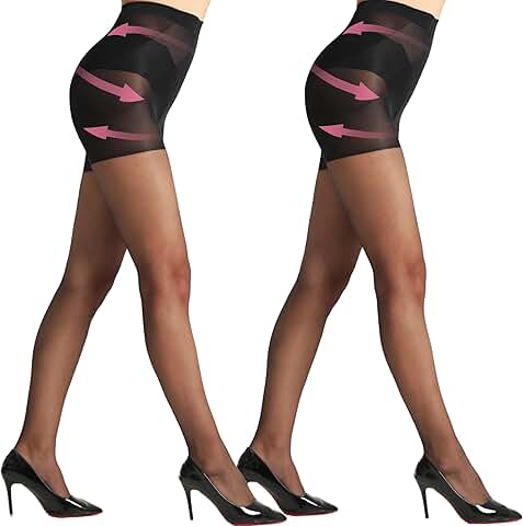 Black Tummy Control Sheer Pantyhose, 2 Pairs