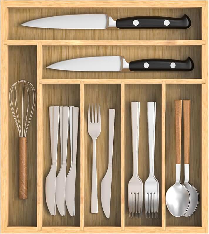 Bamboo 7-Slot Kitchen Utensil and Silverware Organizer