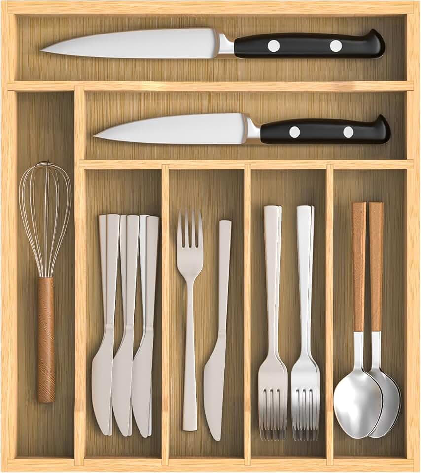 Bamboo 7-Slot Kitchen Utensil and Silverware Organizer