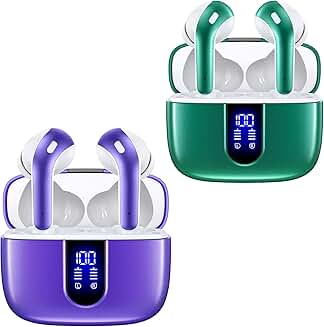 Forest Green and Purple True Wireless Earbuds with Charging Case