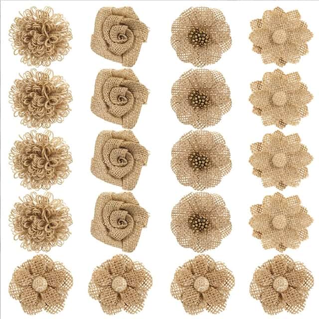20 Handmade Burlap Fabric Flowers for Crafts and Decor