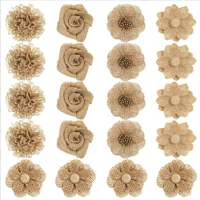20 Handmade Burlap Fabric Flowers for Crafts and Decor