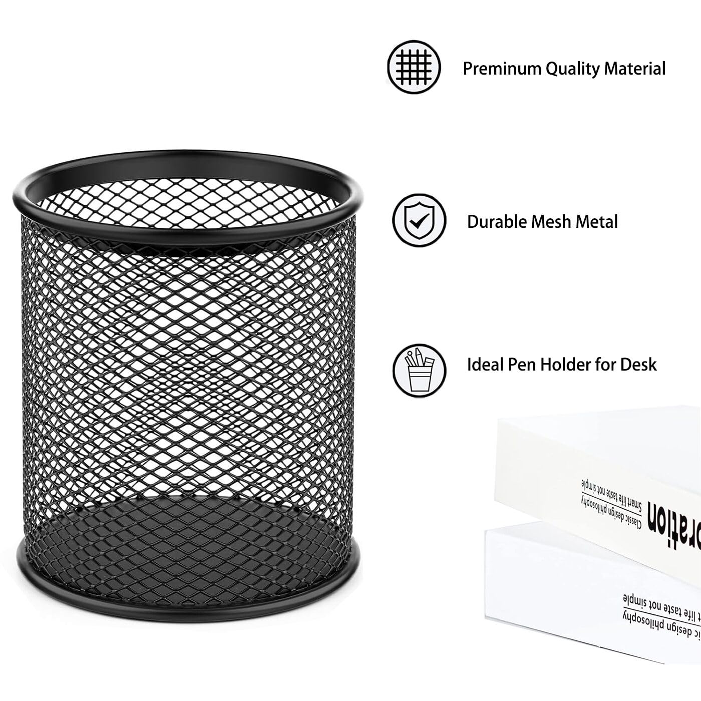 Set of four black mesh metal pen holders for desk