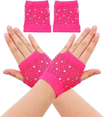 Pink Rhinestone Fishnet Fingerless Gloves for Women and Girls