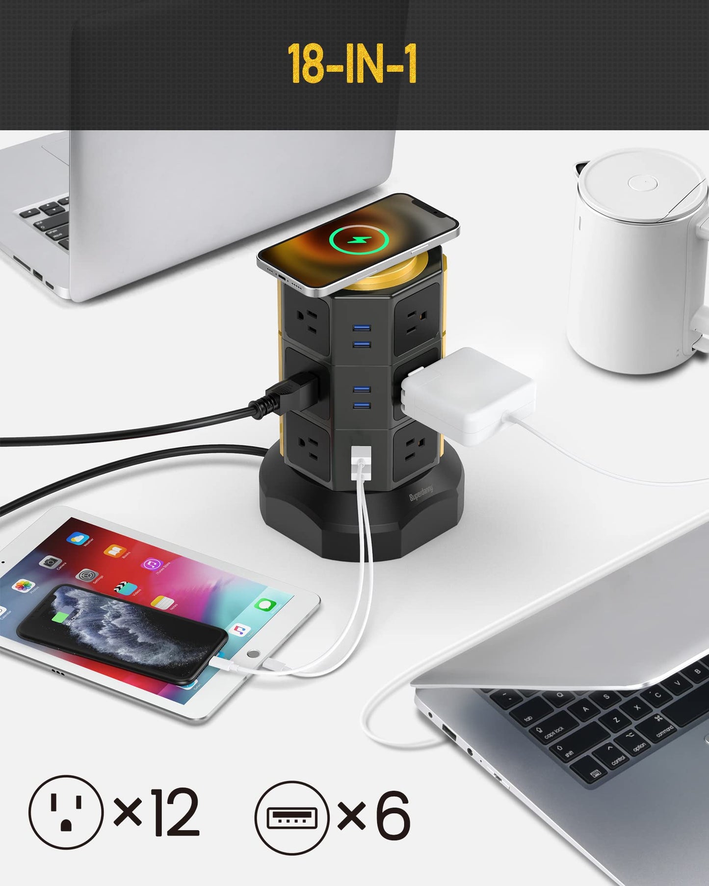 Power Strip Tower, Surge Protector Tower with 15W Magnetic Wireless Charger, 1050J, 13A Charging Station with 12 AC Outlets & 6 USB Ports, 6.5ft Extension Cord for Home Office, Gold