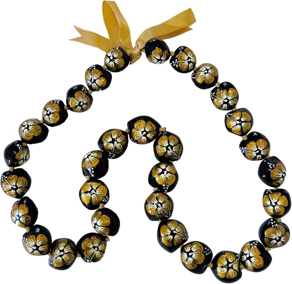 Hawaiian 32" Gold Hibiscus Flower Kukui Nut Lei Necklace