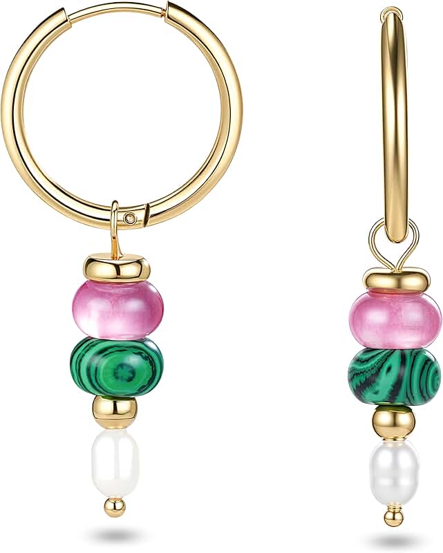 Gold Hoop Earrings with Malachite Beads