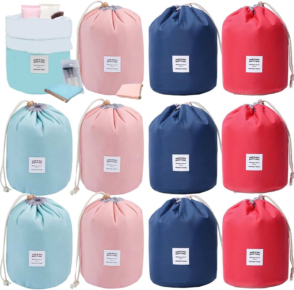 Set of 12 portable drawstring makeup and toiletry bags