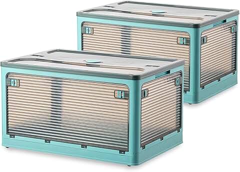 Set of two collapsible plastic storage bins with lids and wheels