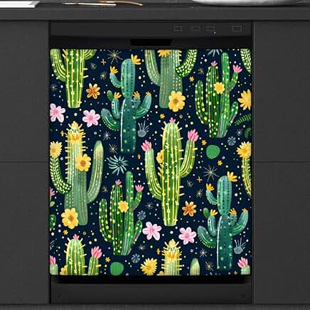 Green Cactus Flower Dishwasher Magnet Cover, 26x23 Inch