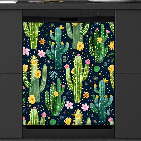 Green Cactus Flower Dishwasher Magnet Cover, 26x23 Inch