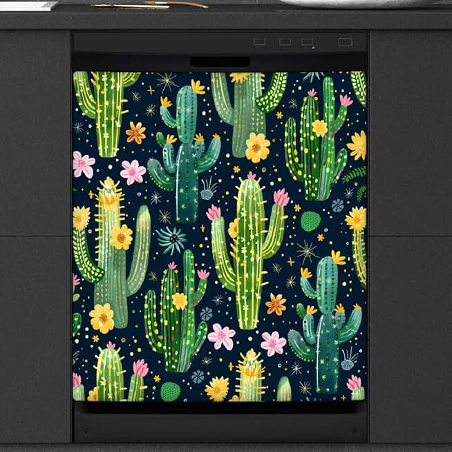Green Cactus Flower Dishwasher Magnet Cover, 26x23 Inch