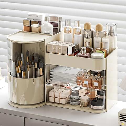 Large Cream Makeup Organizer with Rotating Brush Holder
