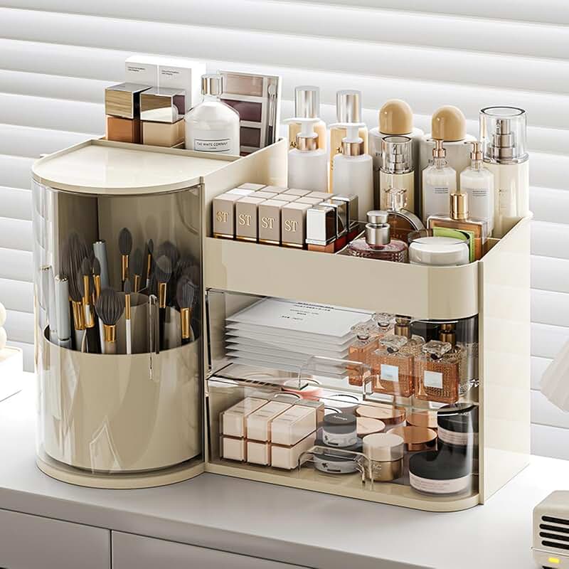Large Cream Makeup Organizer with Rotating Brush Holder