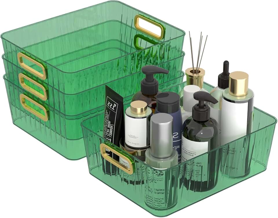 Set of four green plastic storage bins