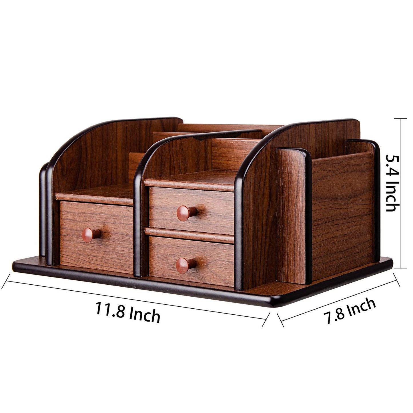 Brown Wooden Desk Organizer with Drawers and Shelves