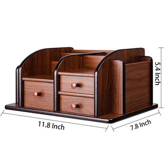 Brown Wooden Desk Organizer with Drawers and Shelves