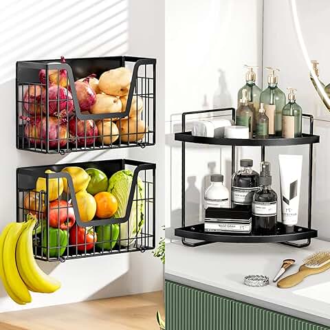 Black Corner Bathroom Counter Organizer and Magnetic Shelf Set