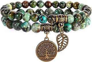 Natural semi-precious gemstone beaded bracelet with tree and leaf charms