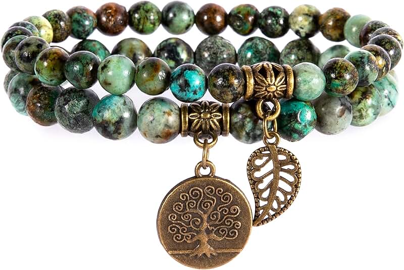 Natural semi-precious gemstone beaded bracelet with tree and leaf charms