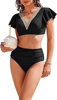 High Waisted Women's Bikini with Ruffle V Neck