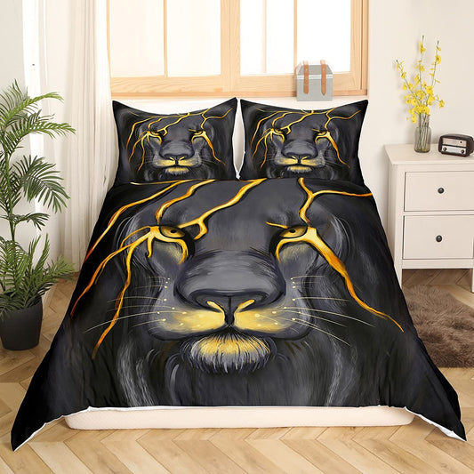 Lion Bedding Animal Duvet Cover Set Queen Size Lightning Lion Pattern Comforter Cover 1 Lion Head Duvet Cover 2 Pillowcases,Grey Black Soft Microfiber Bed Cover for Teen Boys Young Man Decoration Room