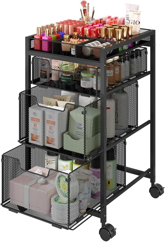 Rolling Makeup Cart with 3 Drawers and Dividers