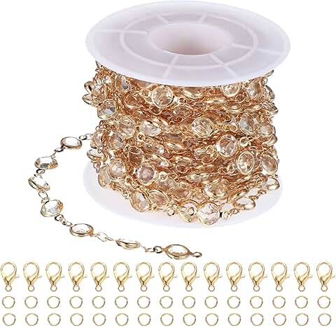 Copper jewelry chain with rhinestone beads, 16 feet