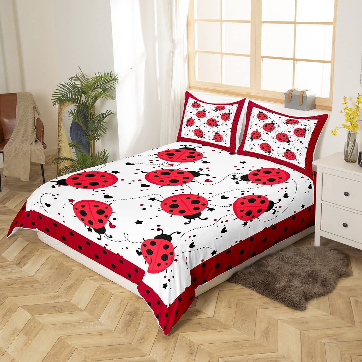 Red Ladybug Duvet Cover Queen Size Cartoon Ladybugs Bedding Set for Kids Child,Cute Ladybird Reptile Comforter Cover Beetles Bugs Pattern Bed Sets Chic Nature Art Lady Beetle Wild Animal Room Decor