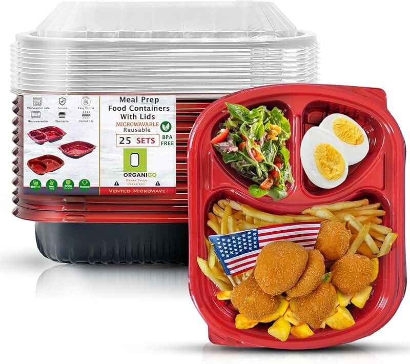 25 Reusable 3-Compartment Meal Prep Containers with Lids