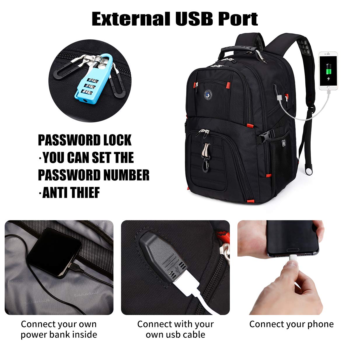 Extra Large 52L Travel Laptop Backpack with USB Charging Port Fit 17 Inch Laptops for Men Women (black)