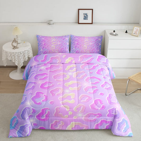 Neon Leopard Comforter Cheetah Print Bedding King G s Bedding Sets  s Safari Animal Down Comforter 3 Piece Pink Purple Quilt Set with 2 Pillow Case for Girls