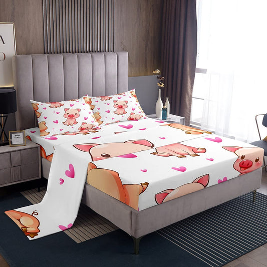 Kids Pig Bed Sheet Set Cute Animals Decor Bedding Sheets for Boys Girls Smily Square Faced Little Pigs Bedding Fitted Sheet Lovely Hearts Bed Cover with 1 Flat Sheet+1 Fitted Sheet+ 2 Pillowcase Full