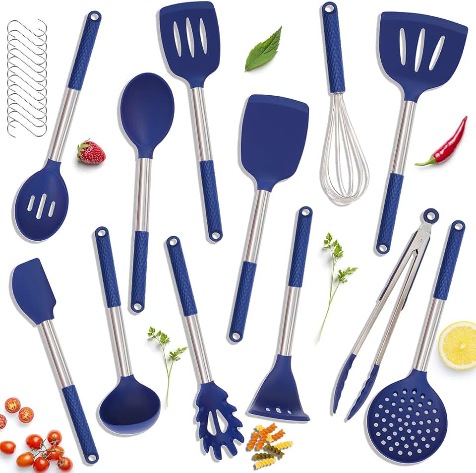 12-Piece Silicone Kitchen Utensil Set with Stainless Steel Handles