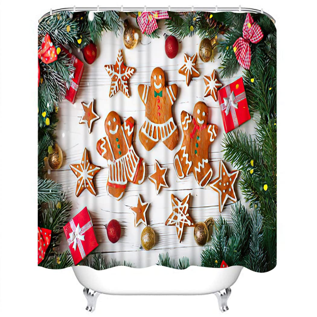 4 Piece Gingerbread Man Shower Curtain Waterproof Gingerbread Stars Snowflakes White Wooden Table Bathroom Sets with Non- Rugs, Tet Lid Cover and Bath Mat with Standard Size