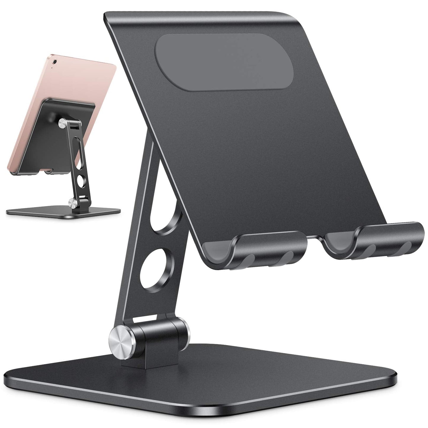 Upgraded Adjustable Tablet Stand Holder - iPad Stand Holder with Heavier Base, Heavy Duty Aluminum Foldable Desktop Tablet Dock Compatible with iPad 9th gen, iPad Mini 6 /Air/Pro (Black)