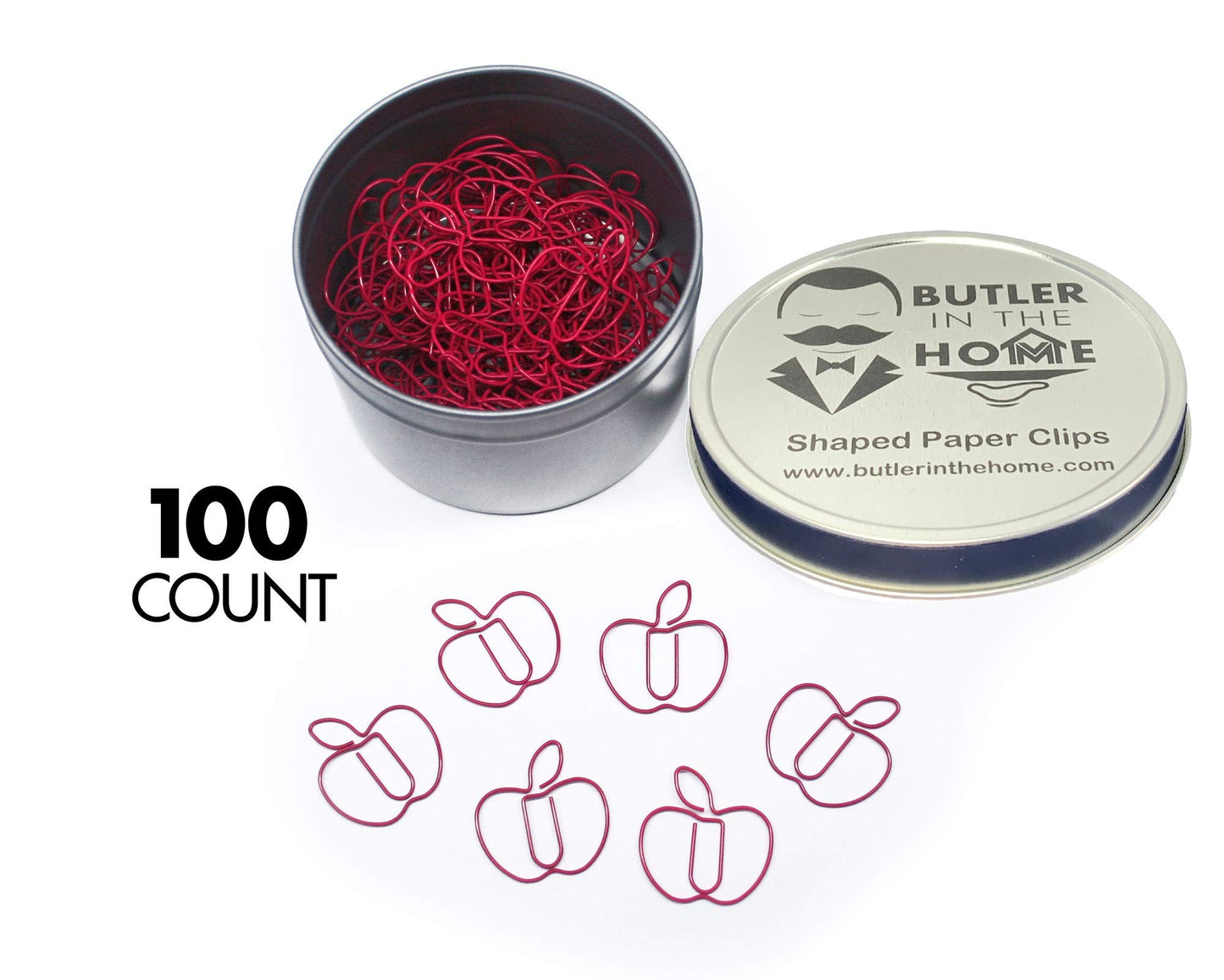 Fruit-shaped paper clips in round tin, 100 pieces