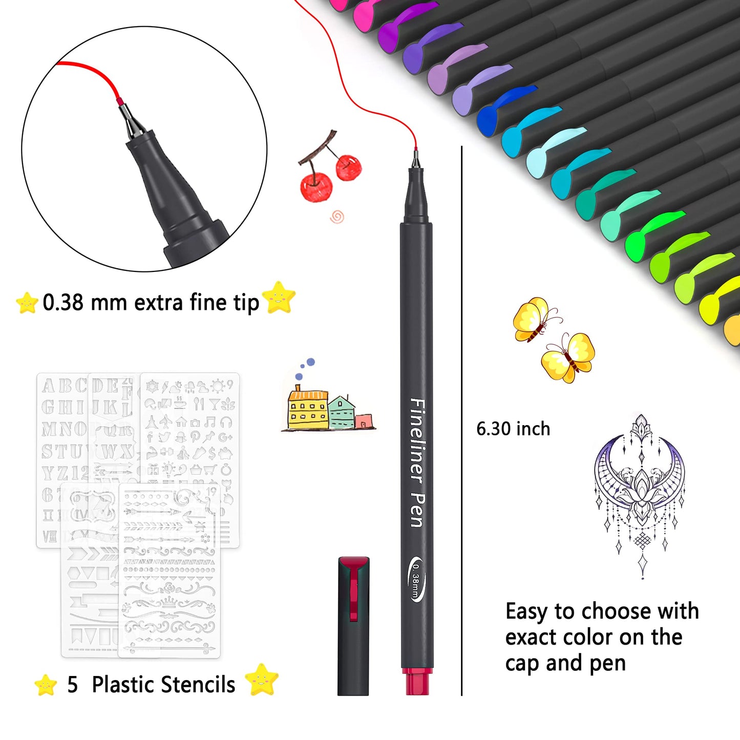 65 Pack Colored Pens with Stencils for Journals and Notes