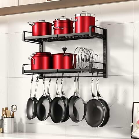 Expandable 19-30 Inch Wall Mount Pot Rack with Hooks and Lid Holders