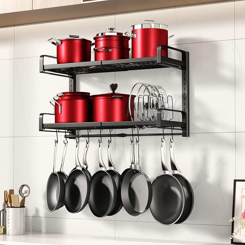 Expandable 19-30 Inch Wall Mount Pot Rack with Hooks and Lid Holders