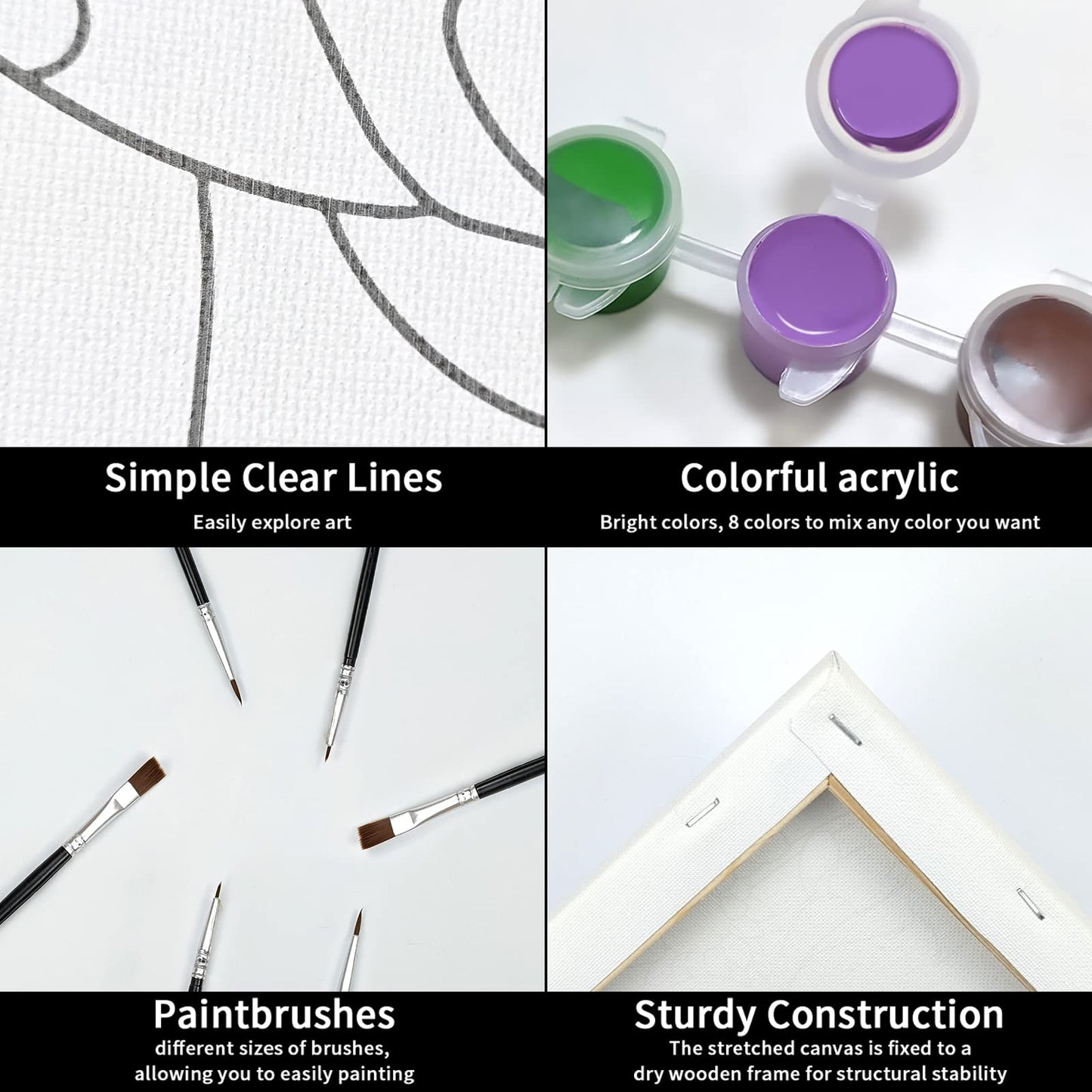 Canvas Painting Kit with 8x10 Pre Drawn Canvas and 8 Acrylic Colors
