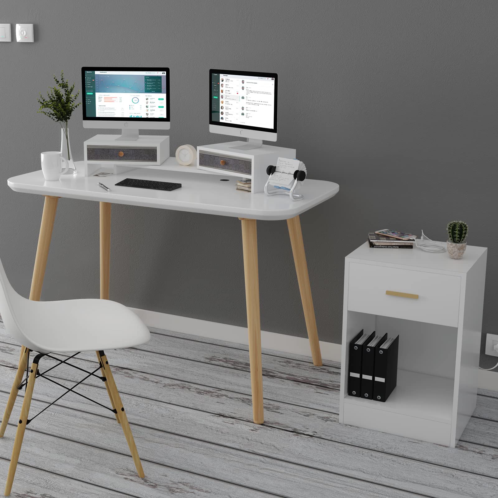 Nightstand with Charging Station, End Side Table with Storage Dr er and Open Cabinet, Bedside Table for Bedroom, White